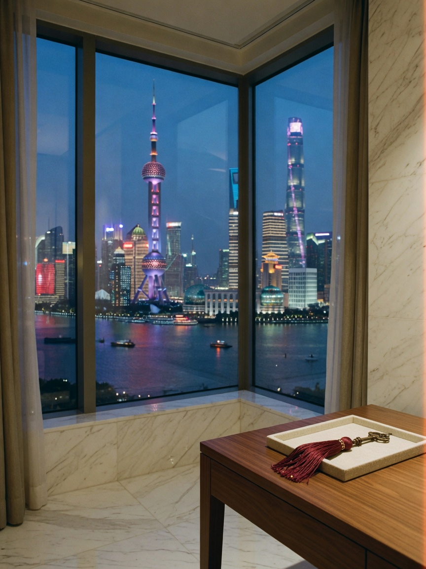 A quiet Shanghai hotel room at dusk, Oriental Pearl Tower in the window, one brass key on the desk.