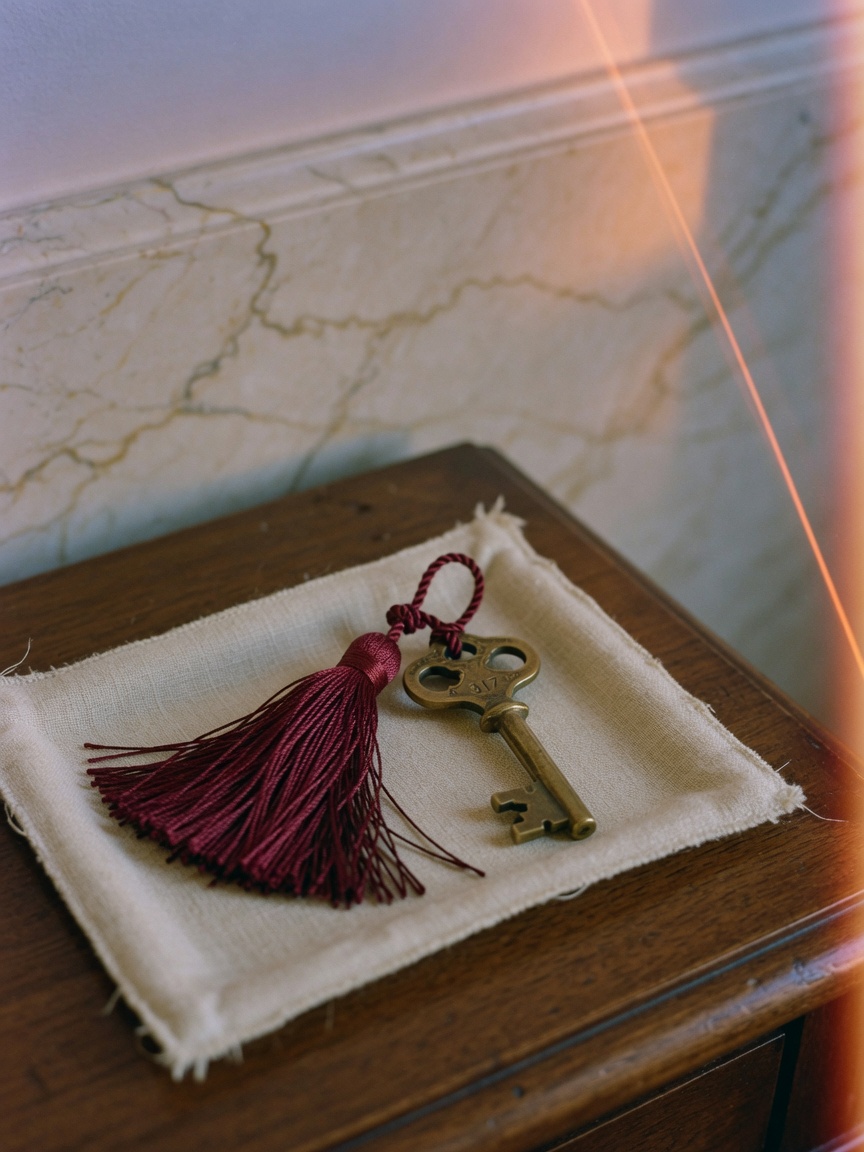One brass hotel key on linen.
